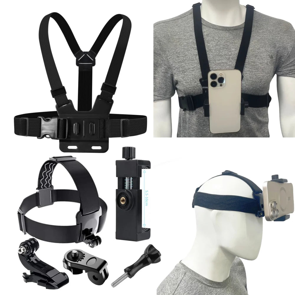 6-in-1 Action Camera Kit Mobile Phone Head Strap Chest Strap Mount Adjustable for Dji Action 6 5Pro Smartphone Holder Kit